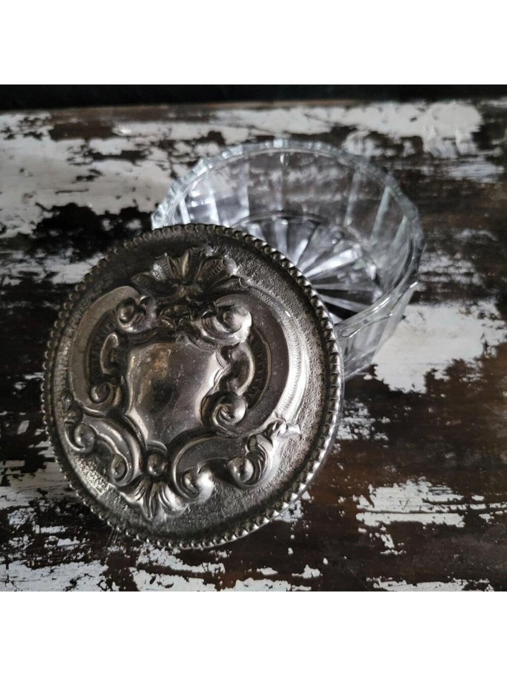 Vintage Crystal Vanity Jar With Silverplate Repoussé Lid and Shield Design